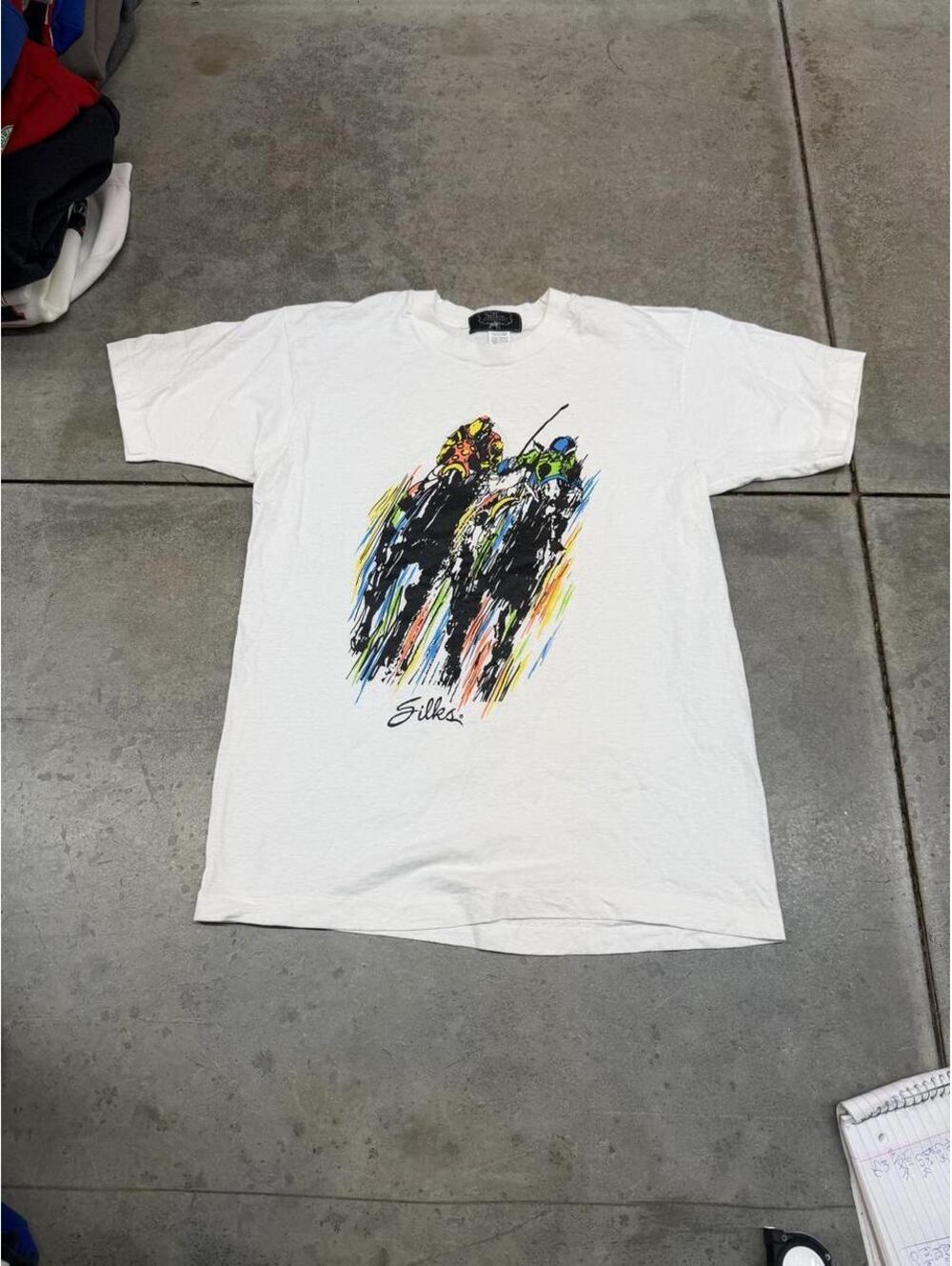 vintage silks horse racing white saratoga made in usa art shirt size large